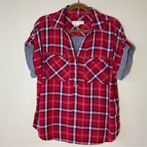 Michael Kors Top Womens,  Red Plaid Short Sleeve Popover Gold Button Size L